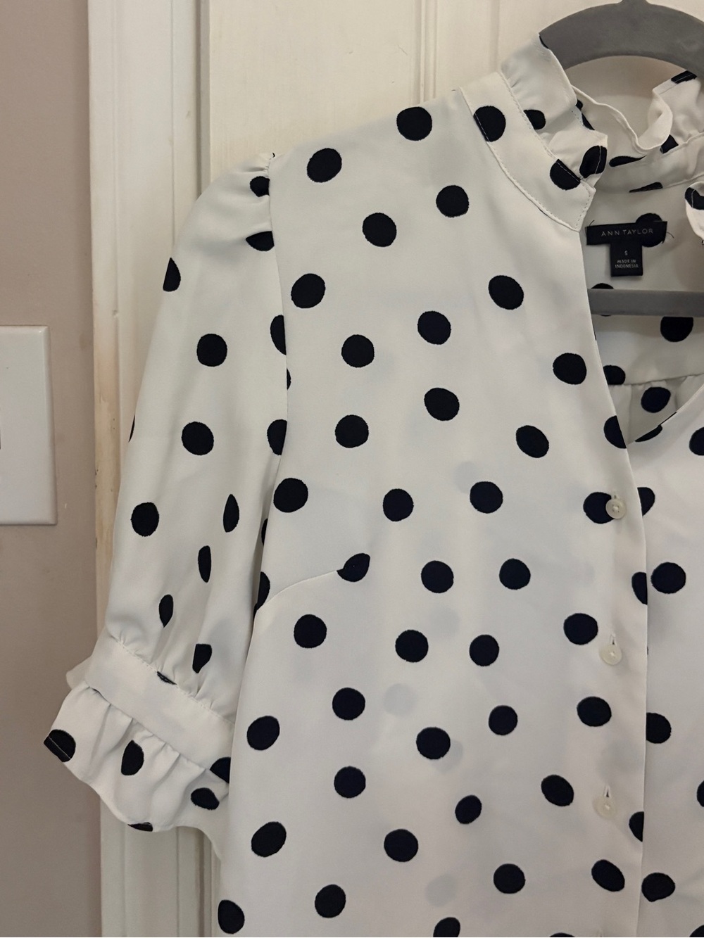 Ann Taylor Polka Dotted Stand Up Collar Ruffle Sleeve Top - Picture 5 of 10